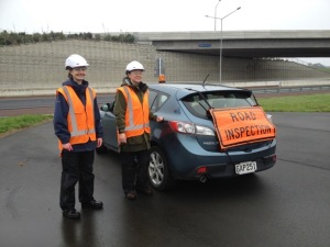 Road ecology research often requires the use of an orange flashing light on your car! Esther Dale (L) and Dr Cheryl Krull (R) during Cheryl’s postdoc research on rodent behaviour around roads.