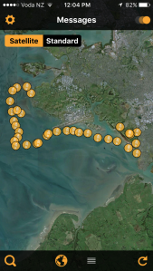 The adventures of S5 - the live feed of GPS locations for S5 in the Manukau Harbour shown through an app on my phone